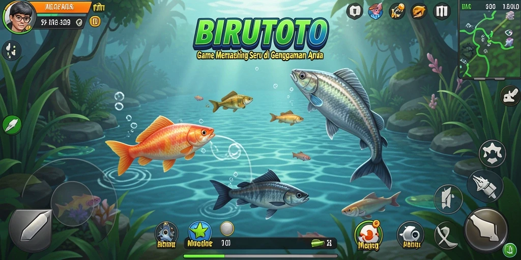 Tampilan screenshot utama BIRUTOTO menampilkan pemain yang sedang memancing di danau yang tenang.