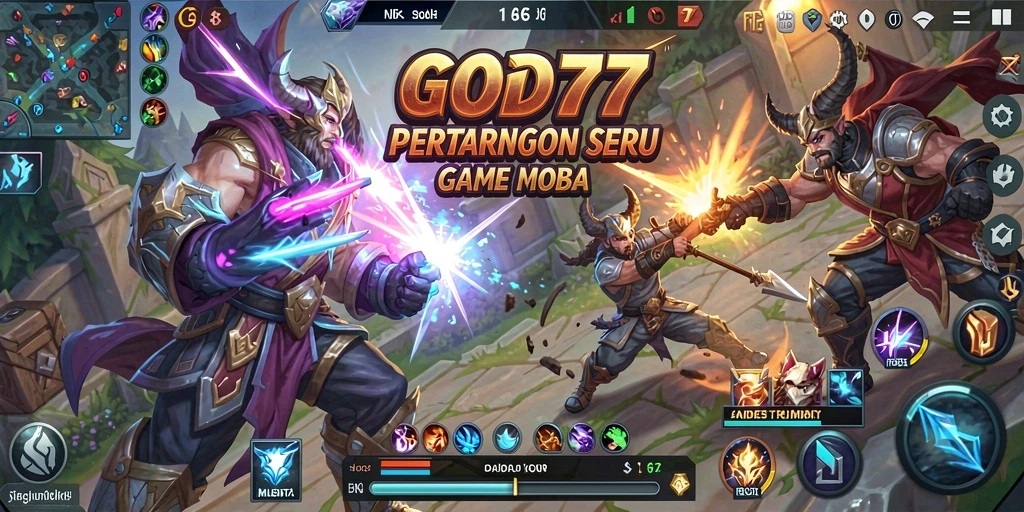 Screenshot utama GOD77 menampilkan aksi pertempuran seru dalam gameplay MOBA.