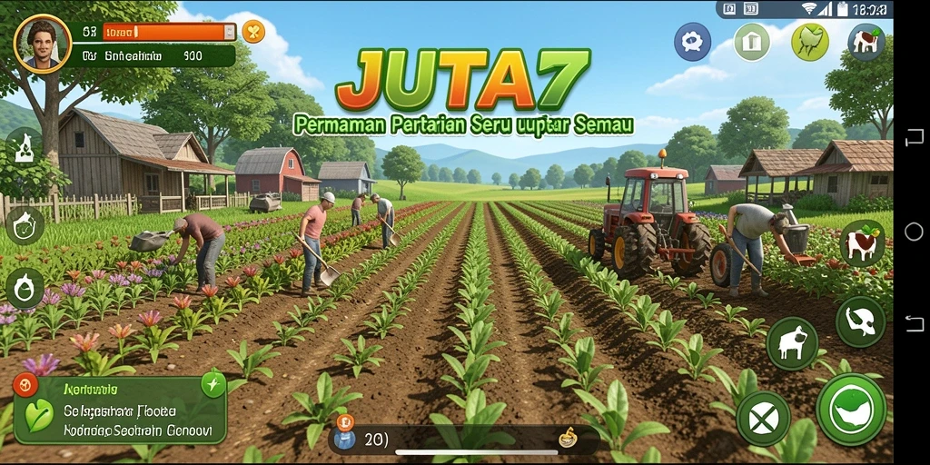 Tampilan gameplay JUTA7 dengan ladang yang subur dan hewan ternak.