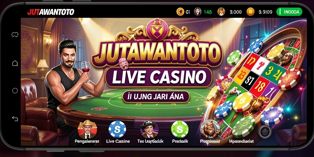 Screenshot JUTAWANTOTO menampilkan dealer yang berinteraksi dengan pemain di meja permainan.