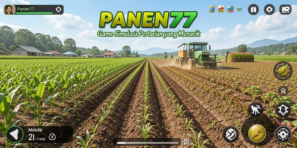 Tampilan gameplay menarik dalam PANEN77 dengan lahan pertanian yang luas.