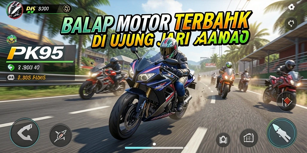 Tampilan gameplay seru PK95 dengan balapan motor yang mendebarkan.