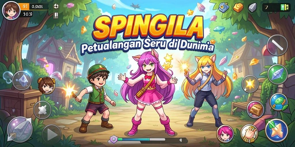 Tampilan menarik dari gameplay SPINGILA dengan karakter anime yang berwarna.